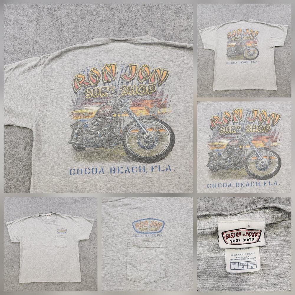 VTG Ron Jon Surf Shop Shirt Mens‎ Large Gray Cocoa Beach FL Motorcycle Graphic